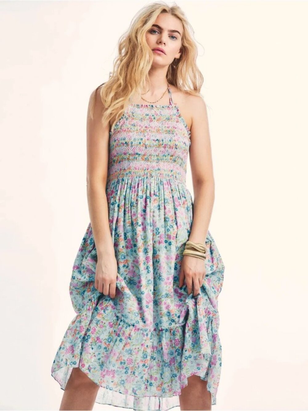 Womens LoveShackFancy Ottawa Pink Multi (Item-4) Floral Smocked Halter Dress XS